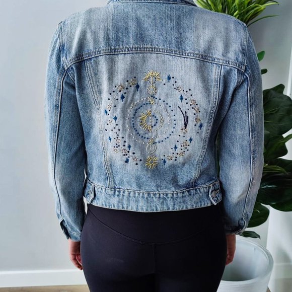 Vintage Handmade Embroidered Denim Jacket "Starry Sky" - Picture 4 of 10